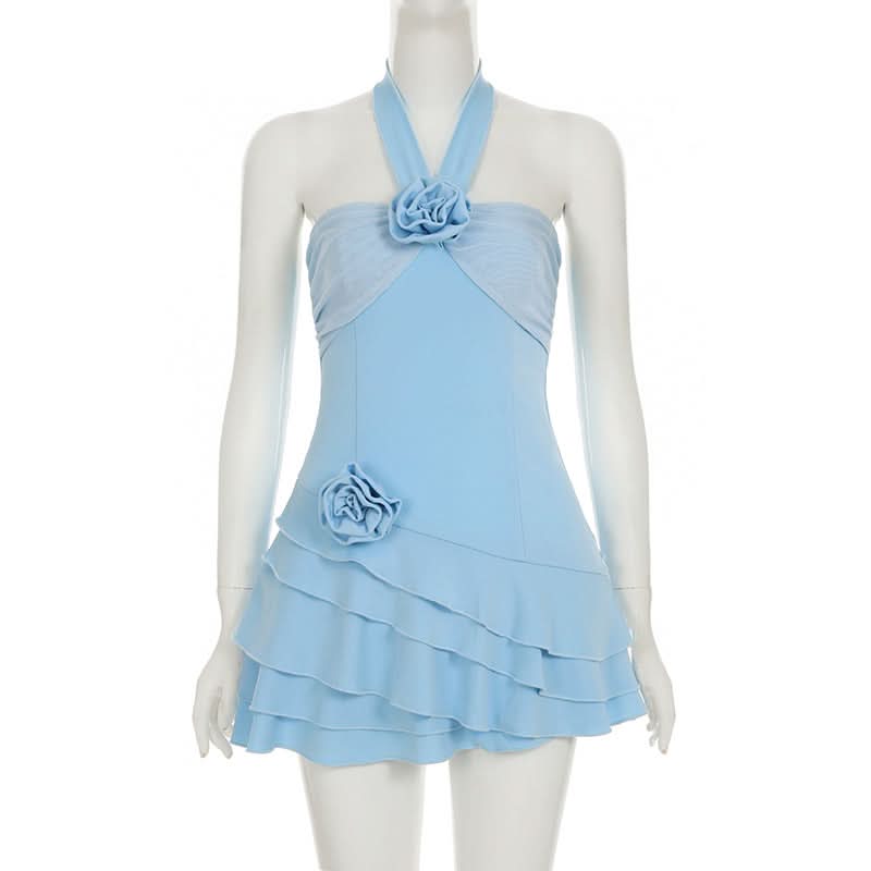 Chic Sky Blue Halter Mini Dress | Floral Ruffle Cocktail & Resort Wear for Women
