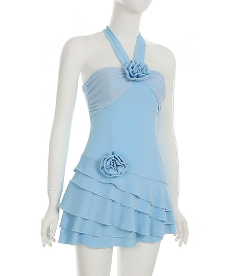 Chic Sky Blue Halter Mini Dress | Floral Ruffle Cocktail & Resort Wear for Women