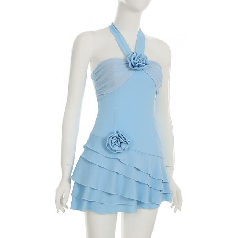 Chic Sky Blue Halter Mini Dress | Floral Ruffle Cocktail & Resort Wear for Women