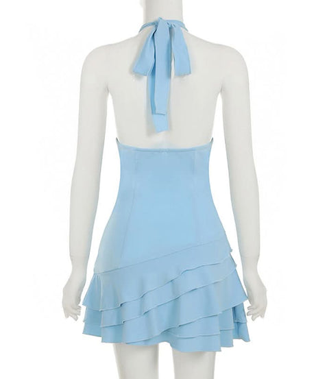 Chic Sky Blue Halter Mini Dress | Floral Ruffle Cocktail & Resort Wear for Women