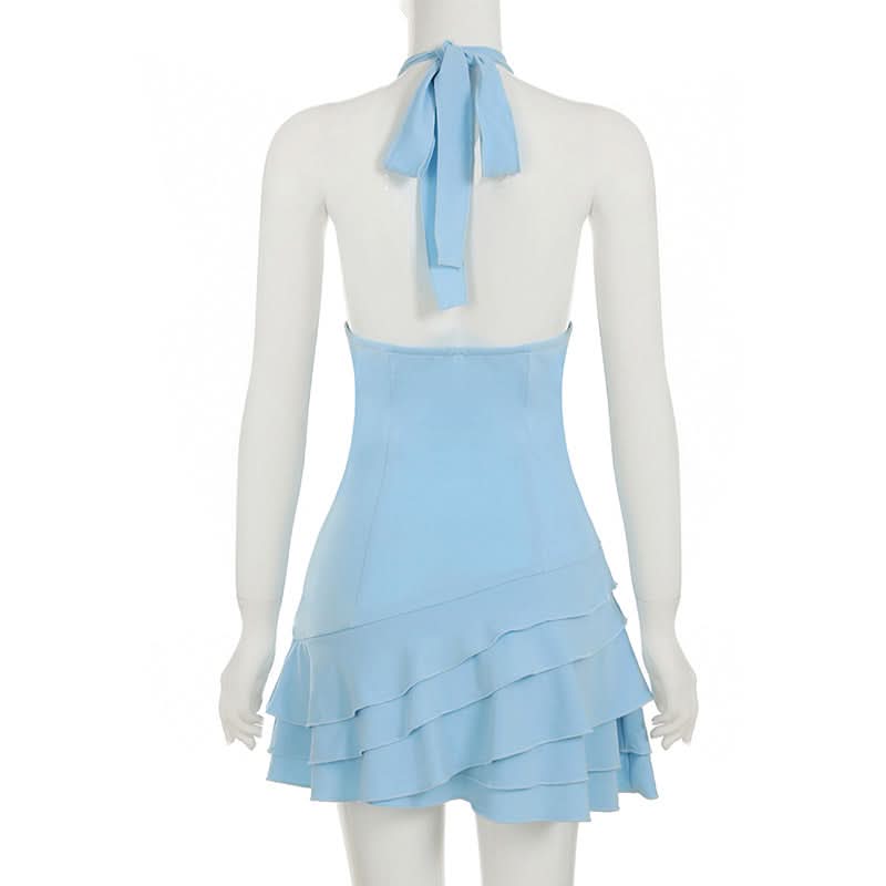 Chic Sky Blue Halter Mini Dress | Floral Ruffle Cocktail & Resort Wear for Women