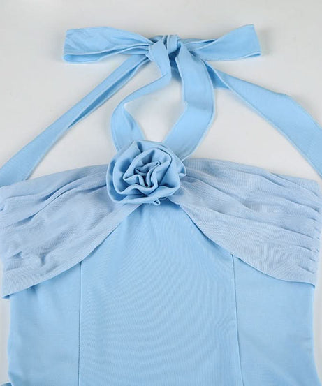 Chic Sky Blue Halter Mini Dress | Floral Ruffle Cocktail & Resort Wear for Women