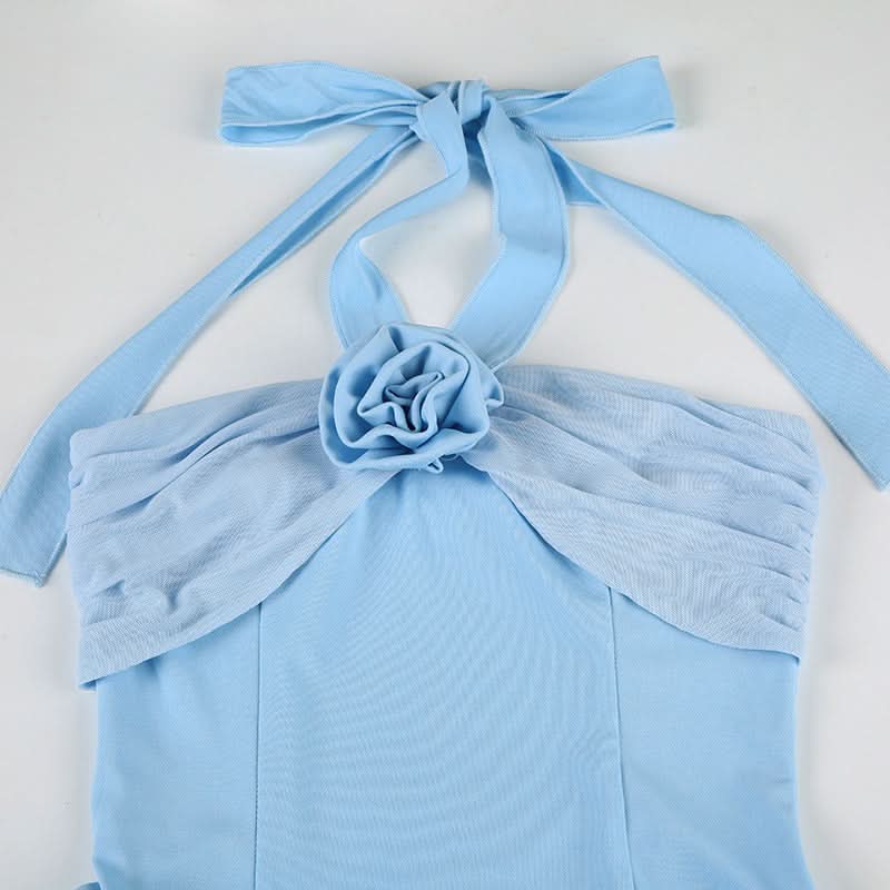 Chic Sky Blue Halter Mini Dress | Floral Ruffle Cocktail & Resort Wear for Women