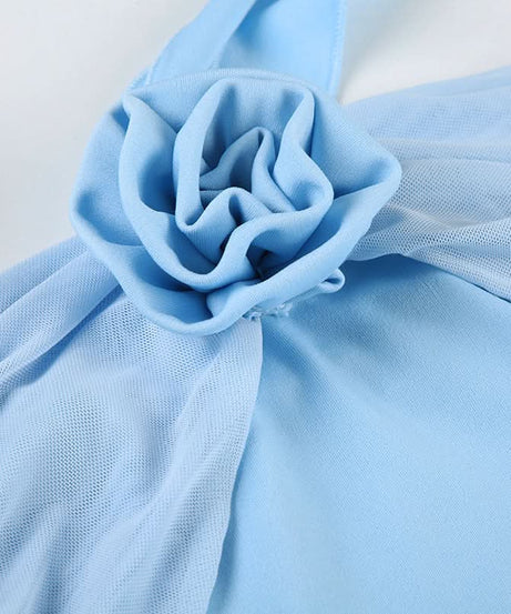 Chic Sky Blue Halter Mini Dress | Floral Ruffle Cocktail & Resort Wear for Women