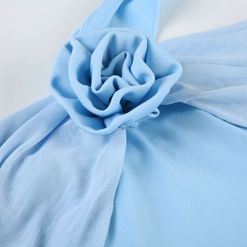 Chic Sky Blue Halter Mini Dress | Floral Ruffle Cocktail & Resort Wear for Women