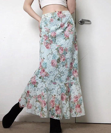 Romantic Autumn Rose Lace Maxi Skirt - Vintage Floral Mermaid Hem