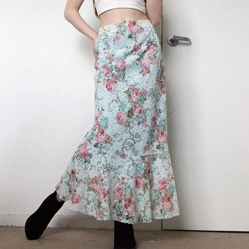 Romantic Autumn Rose Lace Maxi Skirt - Vintage Floral Mermaid Hem