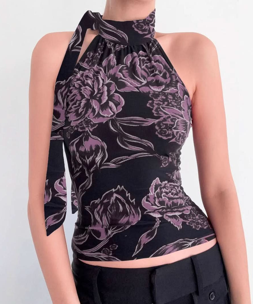 Chic Purple Floral Halter Top | Tie-Neck Blouse for Effortless Fall Style