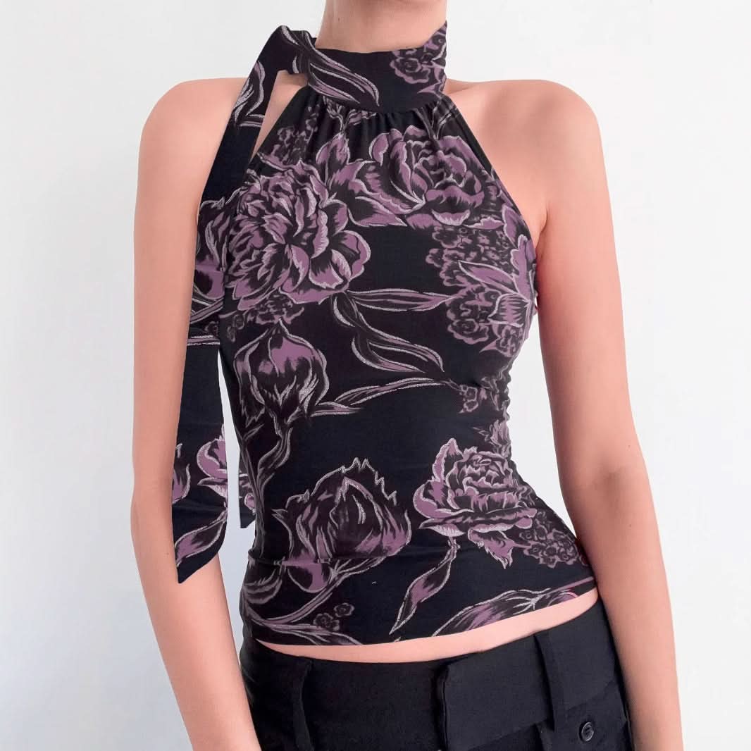 Chic Purple Floral Halter Top | Tie-Neck Blouse for Effortless Fall Style