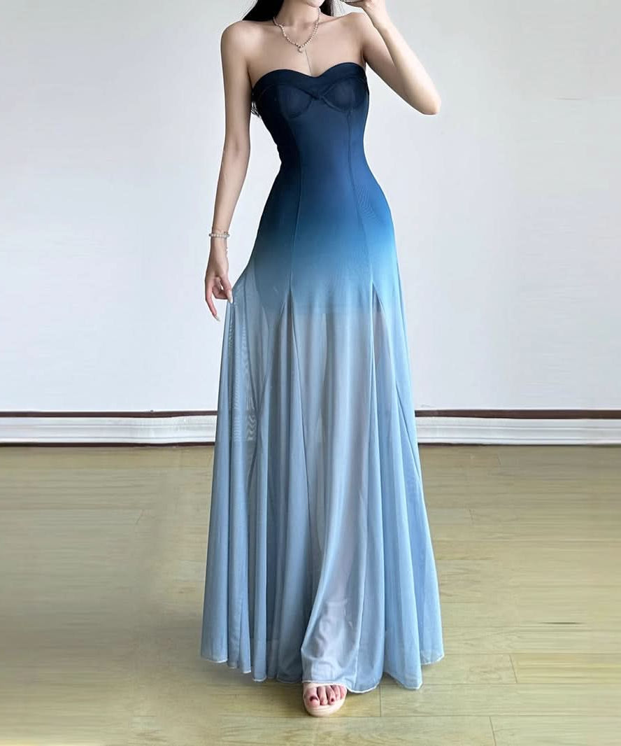 Fall Gala Ready: Ombre Blue Strapless Mesh Maxi Dress – Elegant Wedding Guest & Holiday Party Gown