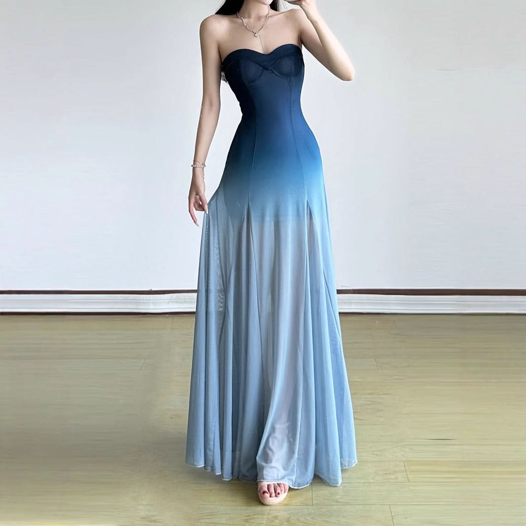 Fall Gala Ready: Ombre Blue Strapless Mesh Maxi Dress – Elegant Wedding Guest & Holiday Party Gown