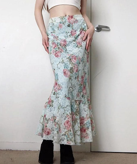 Romantic Autumn Rose Lace Maxi Skirt - Vintage Floral Mermaid Hem