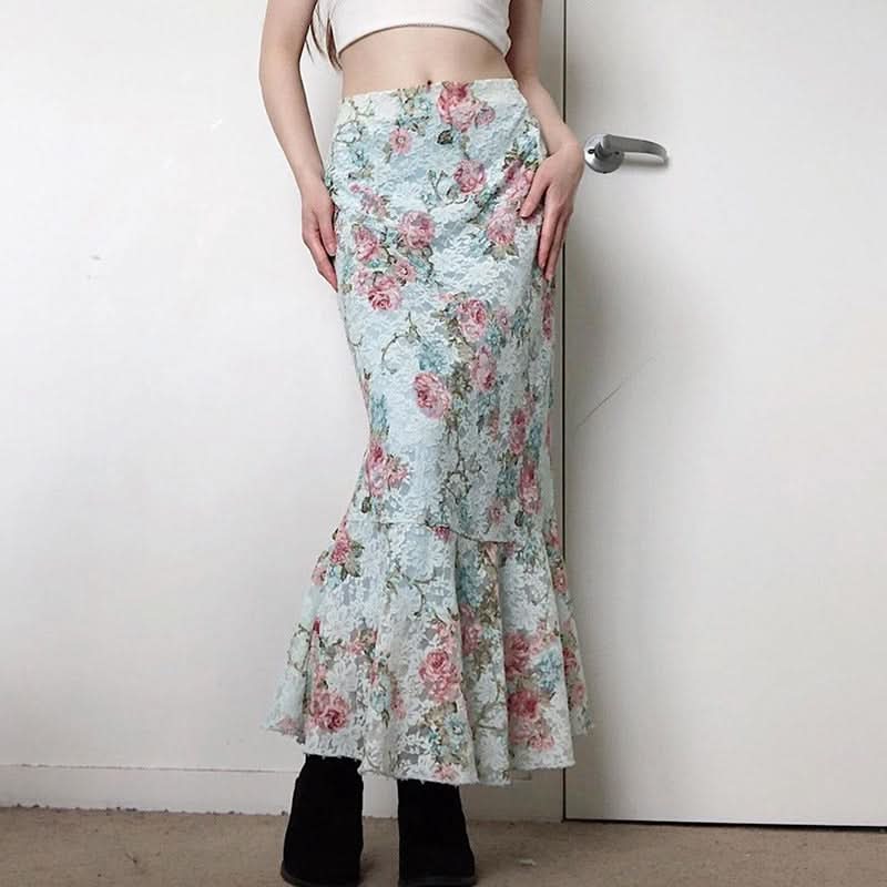Romantic Autumn Rose Lace Maxi Skirt - Vintage Floral Mermaid Hem