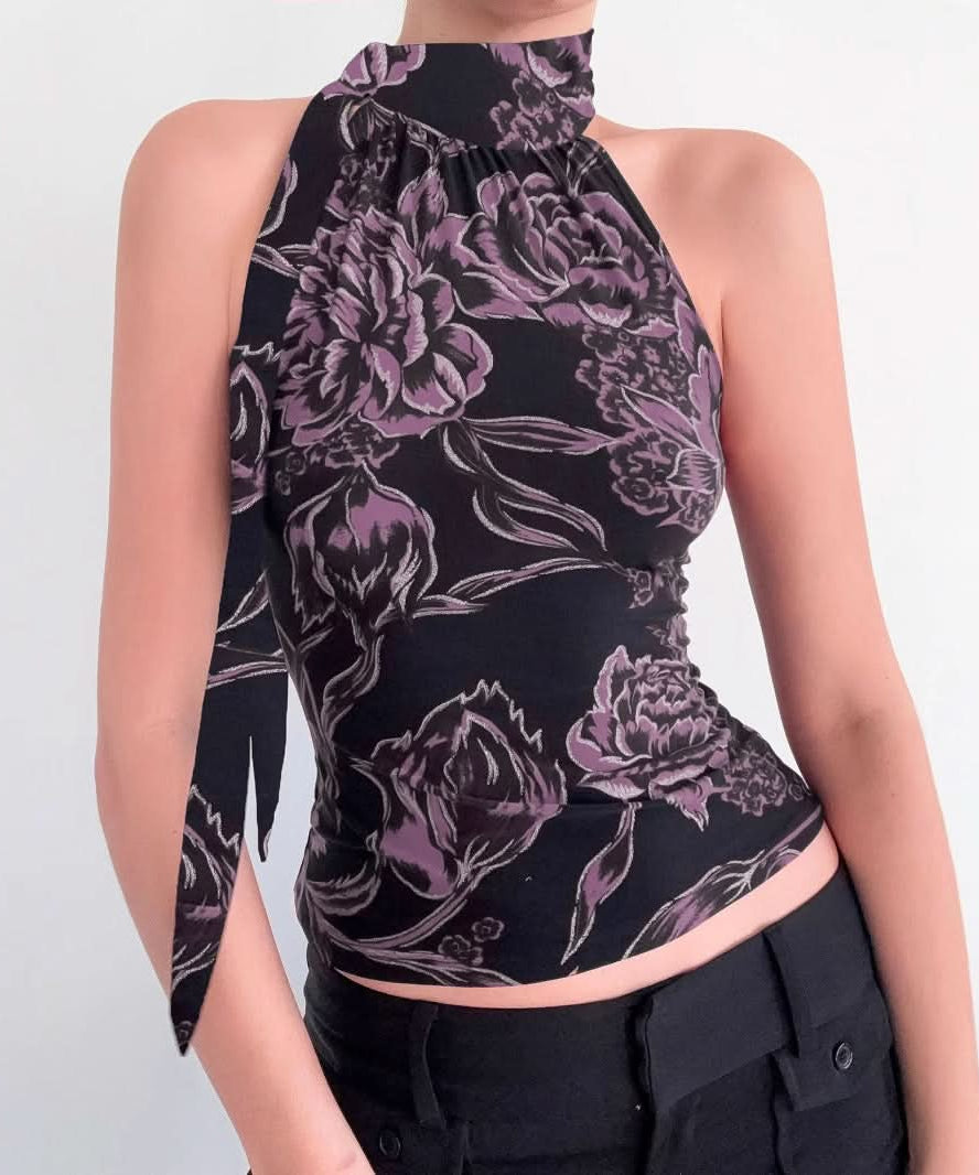 Chic Purple Floral Halter Top | Tie-Neck Blouse for Effortless Fall Style