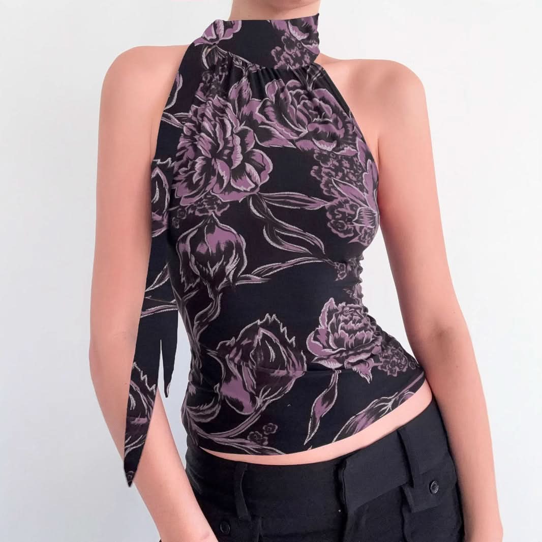 Chic Purple Floral Halter Top | Tie-Neck Blouse for Effortless Fall Style