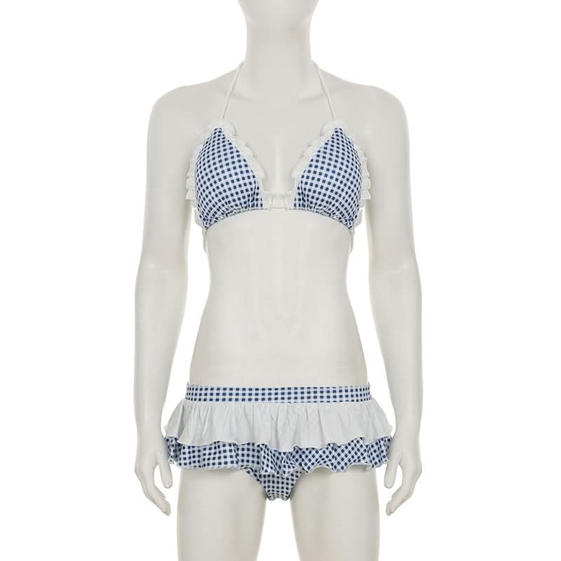 Retro Chic Gingham Ruffle Halter Bikini Set - Your Must-Have for Winter Escapes & Next Summer