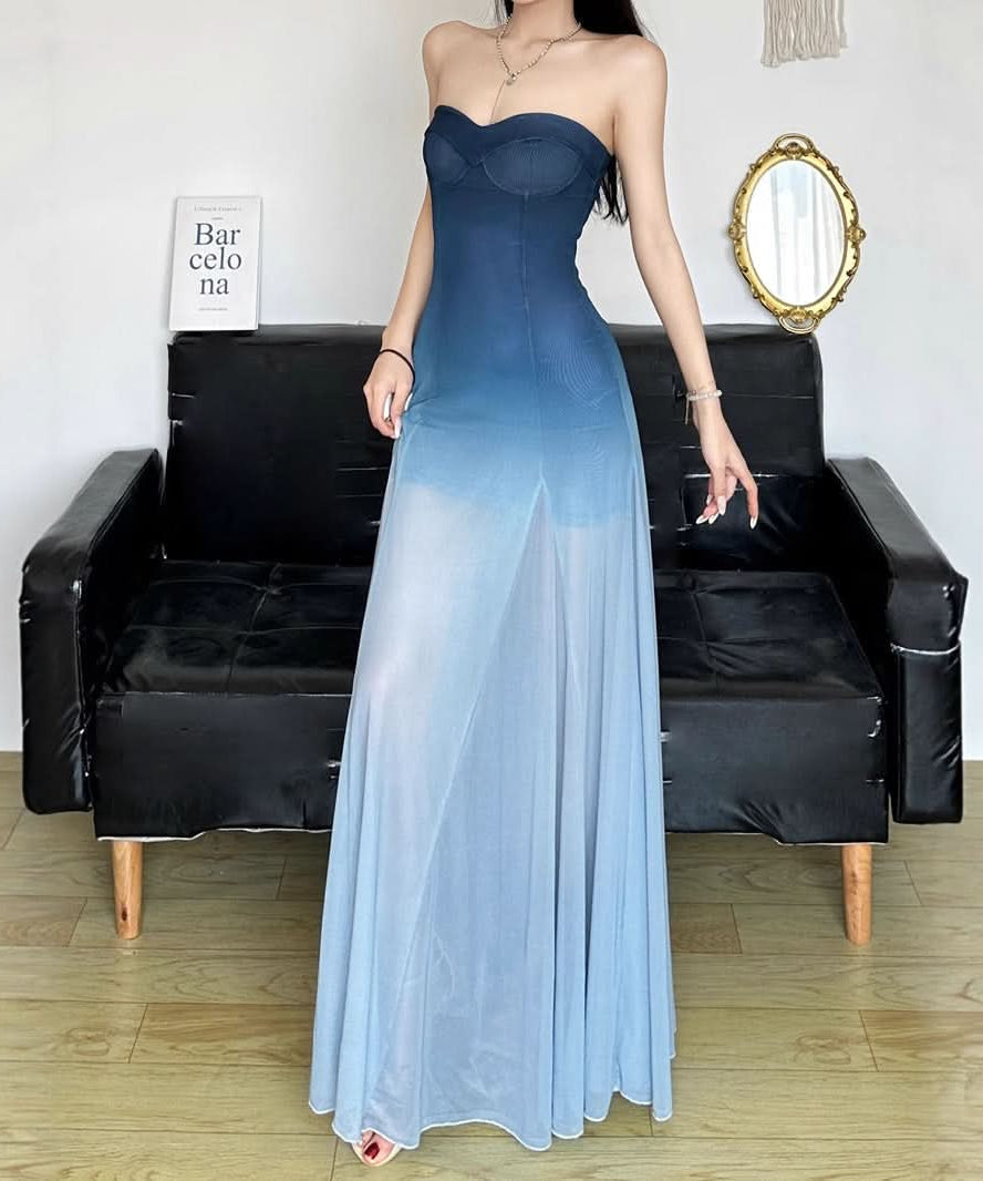 Fall Gala Ready: Ombre Blue Strapless Mesh Maxi Dress – Elegant Wedding Guest & Holiday Party Gown