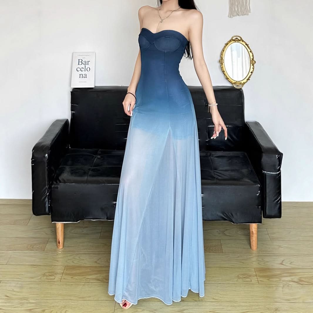 Fall Gala Ready: Ombre Blue Strapless Mesh Maxi Dress – Elegant Wedding Guest & Holiday Party Gown
