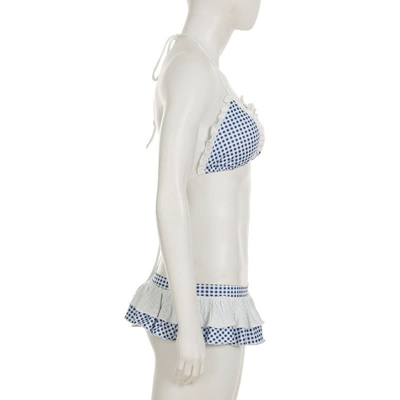 Retro Chic Gingham Ruffle Halter Bikini Set - Your Must-Have for Winter Escapes & Next Summer