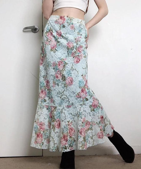 Romantic Autumn Rose Lace Maxi Skirt - Vintage Floral Mermaid Hem