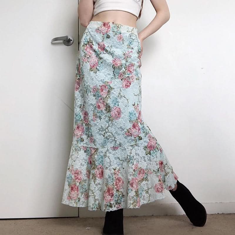 Romantic Autumn Rose Lace Maxi Skirt - Vintage Floral Mermaid Hem