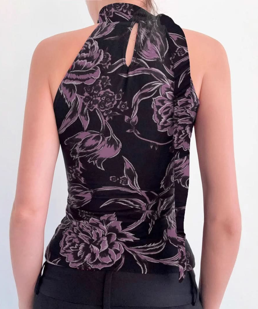 Chic Purple Floral Halter Top | Tie-Neck Blouse for Effortless Fall Style