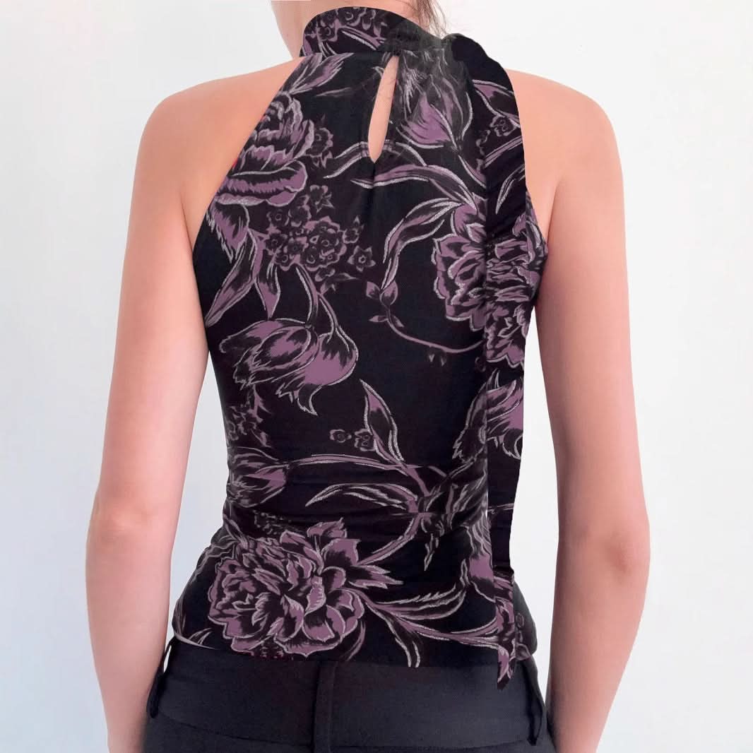 Chic Purple Floral Halter Top | Tie-Neck Blouse for Effortless Fall Style
