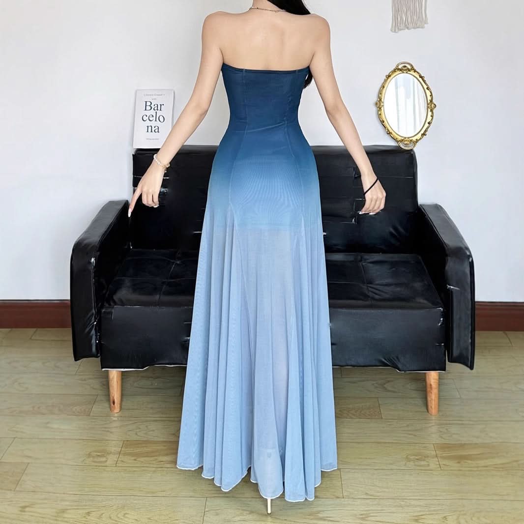 Fall Gala Ready: Ombre Blue Strapless Mesh Maxi Dress – Elegant Wedding Guest & Holiday Party Gown