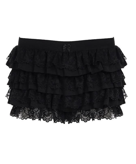 Black Tiered Ruffle Mini Skort with Lace & Bow | Flirty Coquette Shorts for Fall Fashion & Halloween