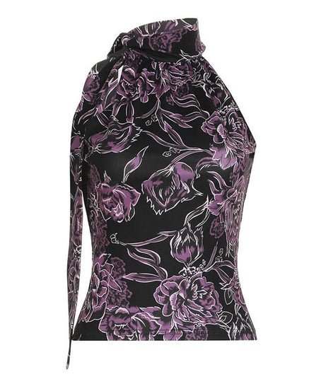 Chic Purple Floral Halter Top | Tie-Neck Blouse for Effortless Fall Style