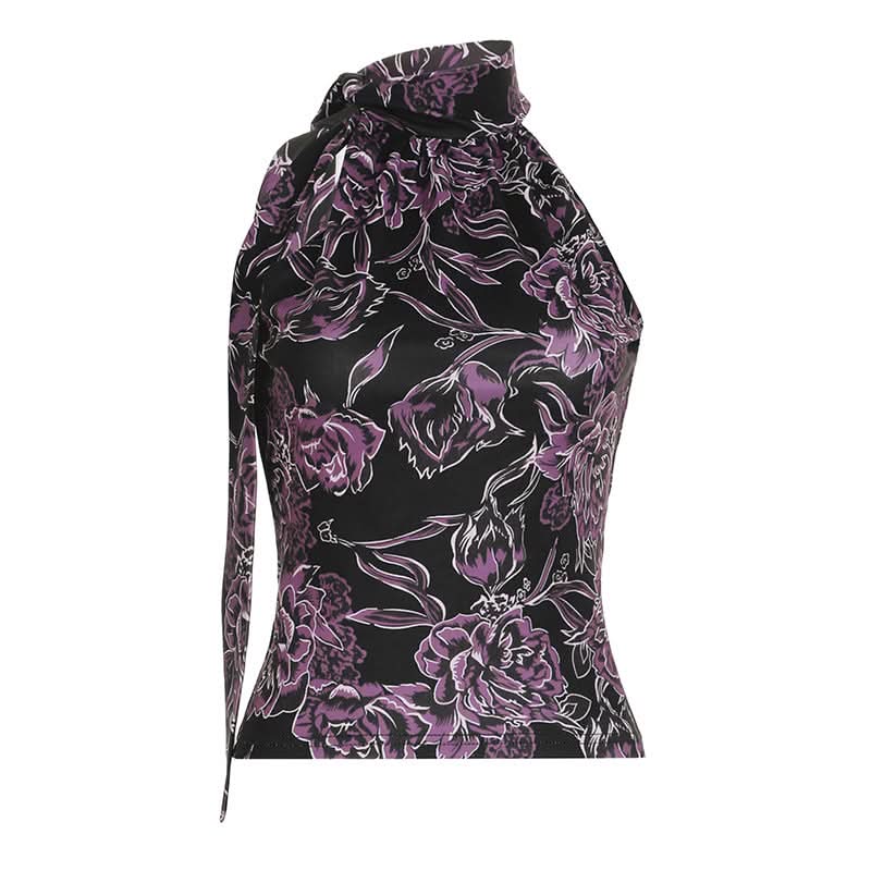 Chic Purple Floral Halter Top | Tie-Neck Blouse for Effortless Fall Style