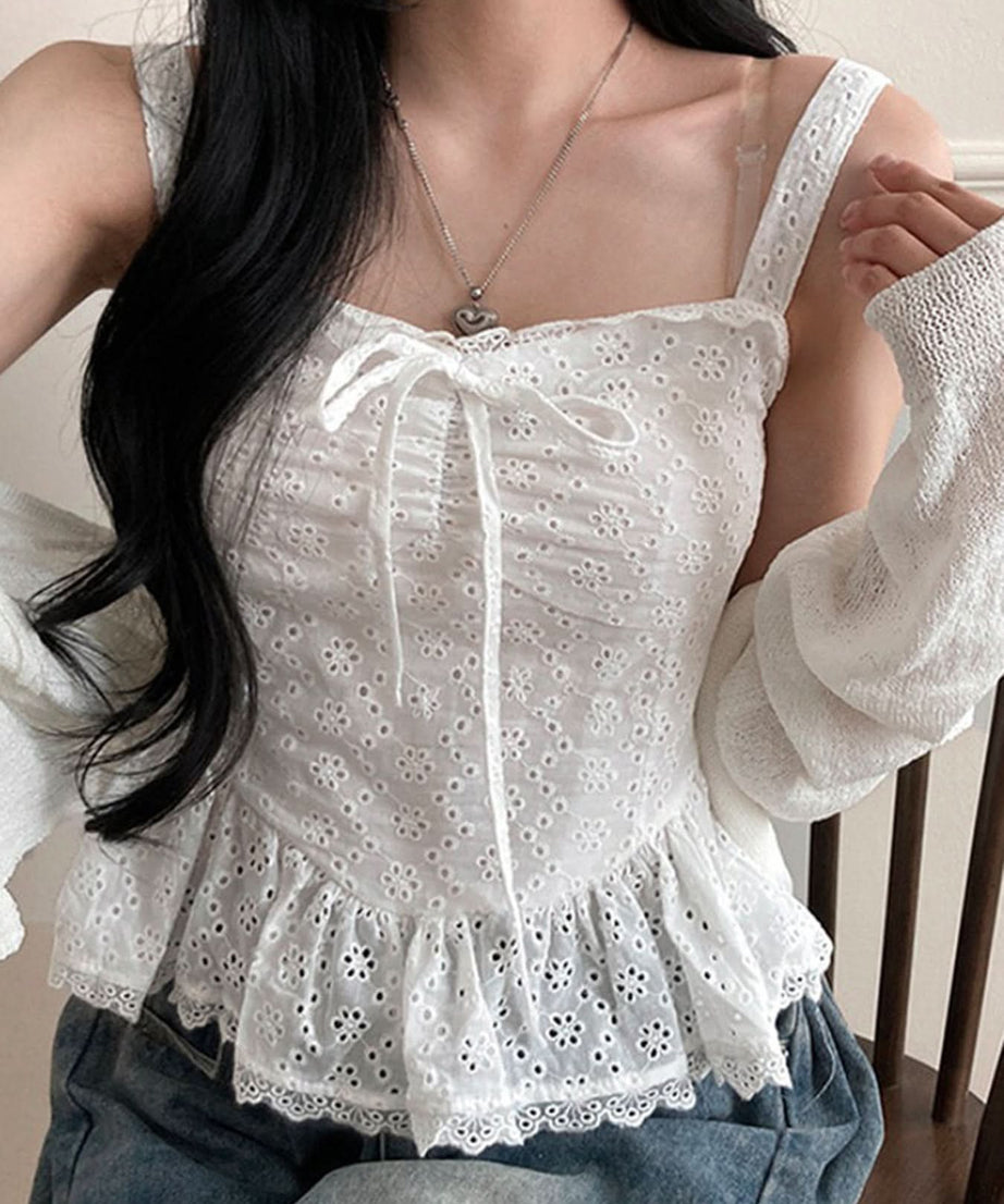 Chic Fall Layering: White Eyelet Peplum Cami Top with Dainty Bow & Lace Trim