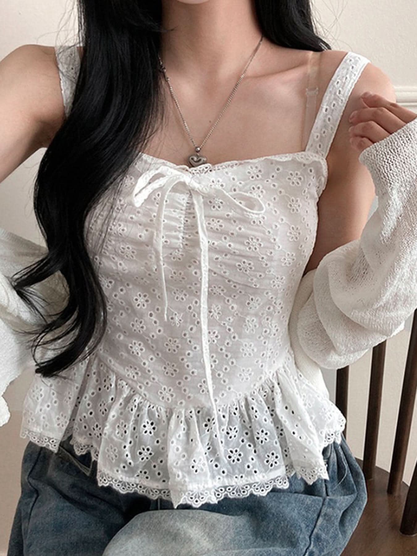 Chic Fall Layering: White Eyelet Peplum Cami Top with Dainty Bow & Lace Trim