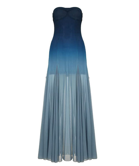 Fall Gala Ready: Ombre Blue Strapless Mesh Maxi Dress – Elegant Wedding Guest & Holiday Party Gown