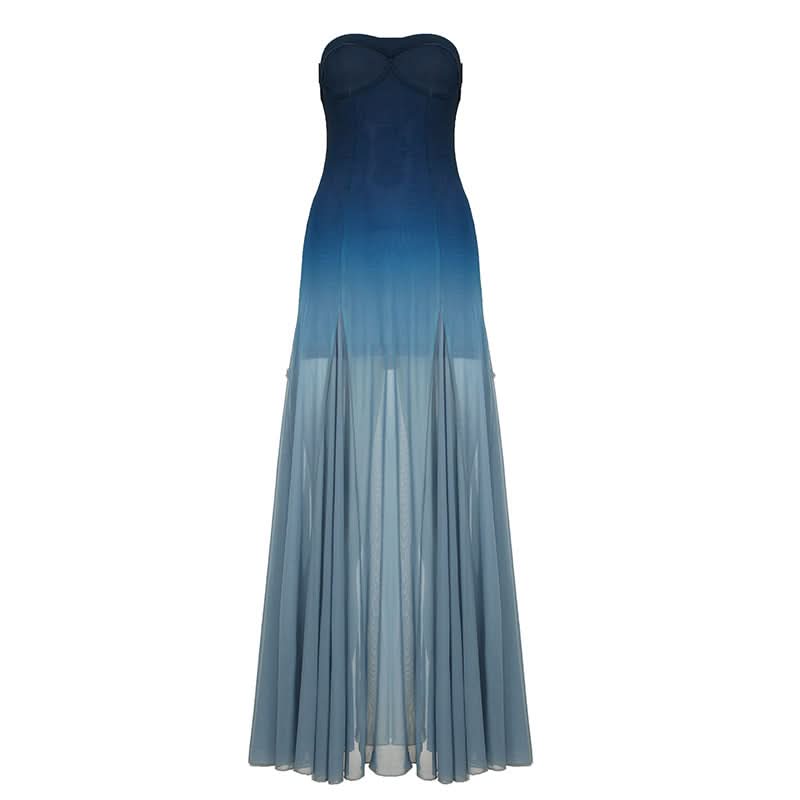 Fall Gala Ready: Ombre Blue Strapless Mesh Maxi Dress – Elegant Wedding Guest & Holiday Party Gown