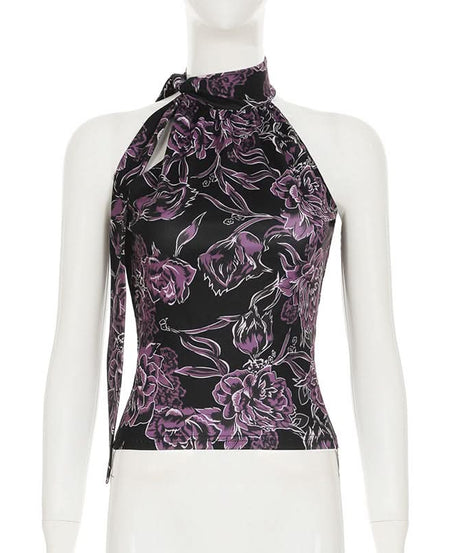 Chic Purple Floral Halter Top | Tie-Neck Blouse for Effortless Fall Style