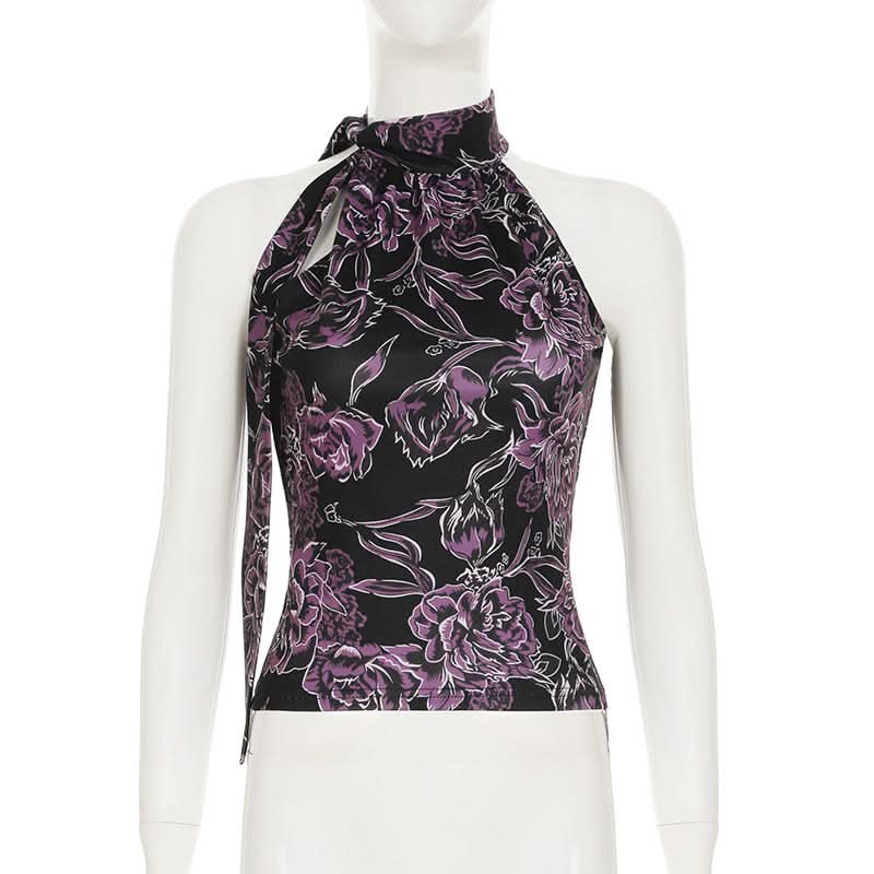 Chic Purple Floral Halter Top | Tie-Neck Blouse for Effortless Fall Style