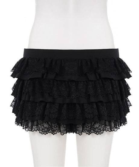 Black Tiered Ruffle Mini Skort with Lace & Bow | Flirty Coquette Shorts for Fall Fashion & Halloween
