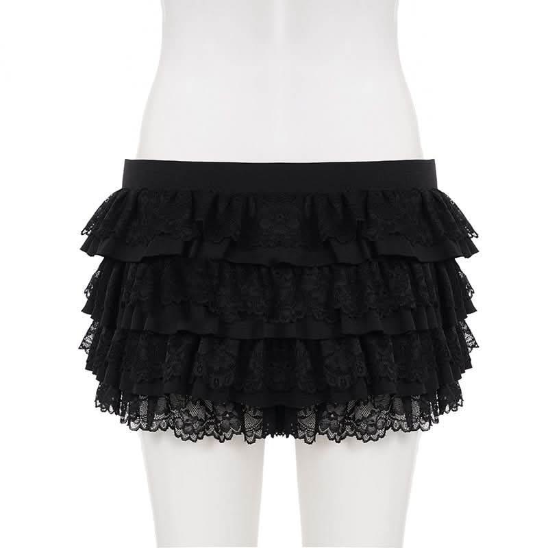 Black Tiered Ruffle Mini Skort with Lace & Bow | Flirty Coquette Shorts for Fall Fashion & Halloween