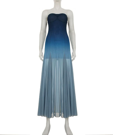 Fall Gala Ready: Ombre Blue Strapless Mesh Maxi Dress – Elegant Wedding Guest & Holiday Party Gown