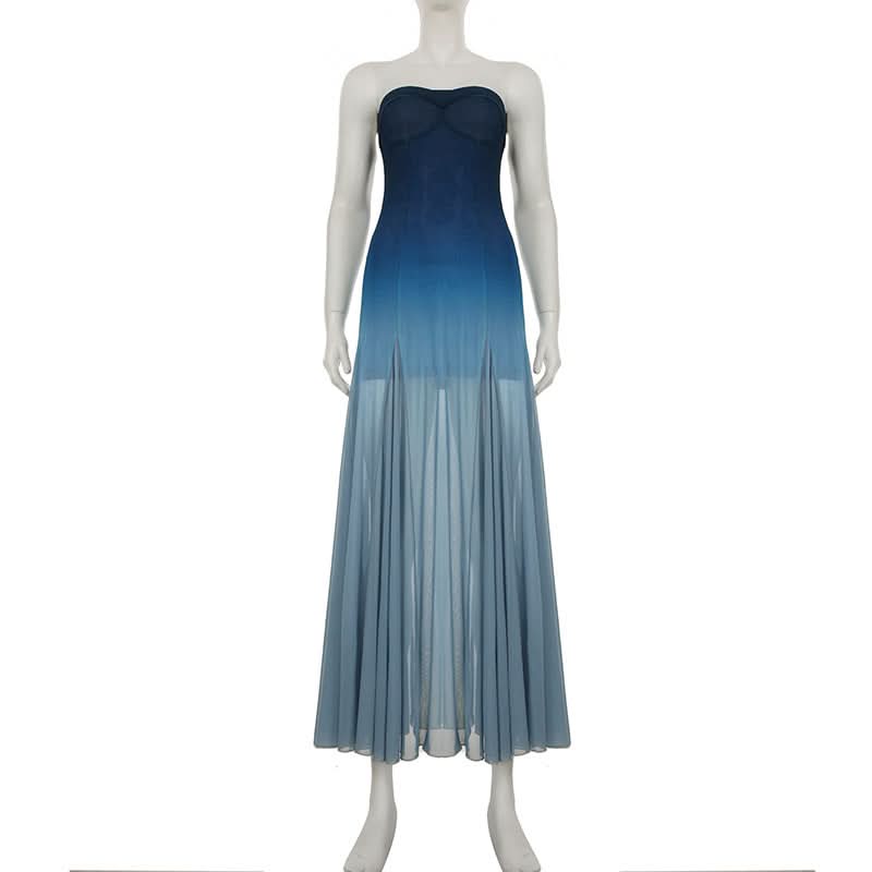 Fall Gala Ready: Ombre Blue Strapless Mesh Maxi Dress – Elegant Wedding Guest & Holiday Party Gown