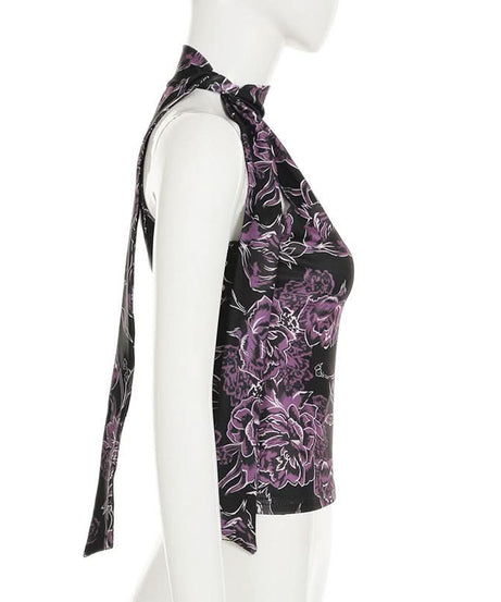 Chic Purple Floral Halter Top | Tie-Neck Blouse for Effortless Fall Style