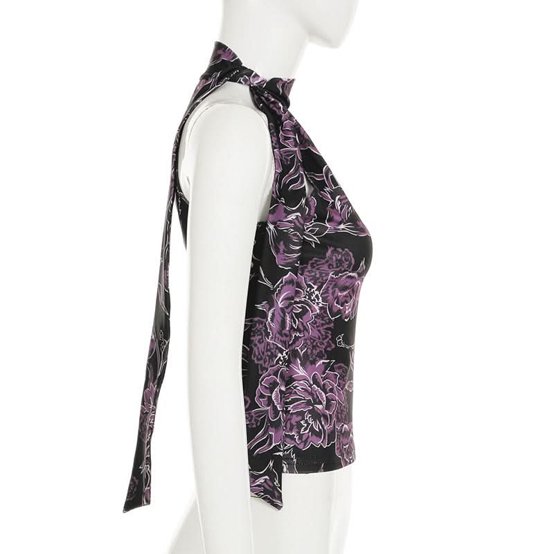 Chic Purple Floral Halter Top | Tie-Neck Blouse for Effortless Fall Style