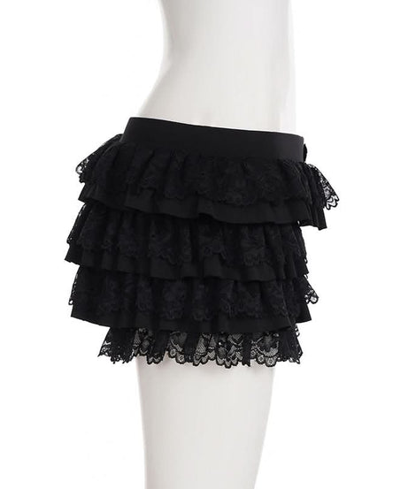 Black Tiered Ruffle Mini Skort with Lace & Bow | Flirty Coquette Shorts for Fall Fashion & Halloween
