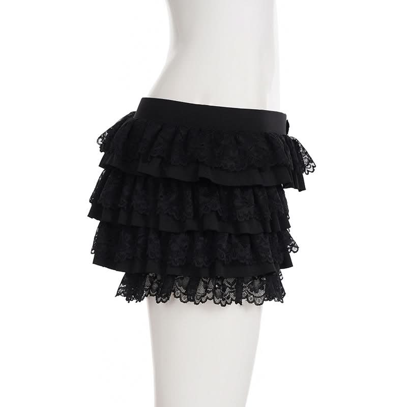 Black Tiered Ruffle Mini Skort with Lace & Bow | Flirty Coquette Shorts for Fall Fashion & Halloween