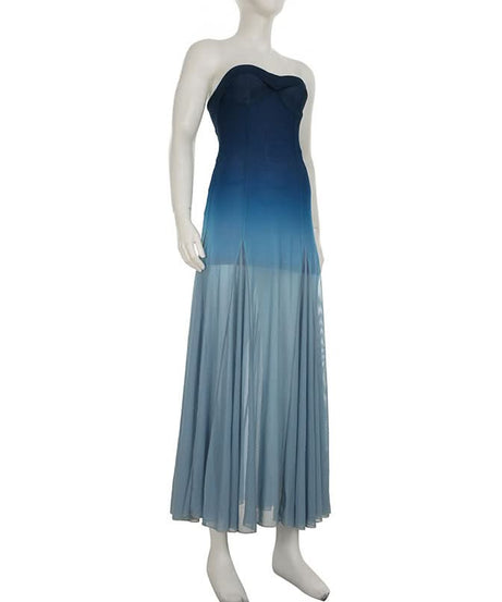 Fall Gala Ready: Ombre Blue Strapless Mesh Maxi Dress – Elegant Wedding Guest & Holiday Party Gown