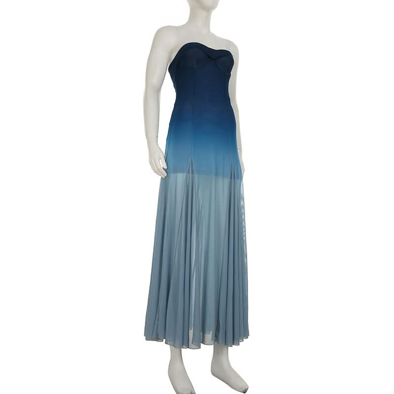 Fall Gala Ready: Ombre Blue Strapless Mesh Maxi Dress – Elegant Wedding Guest & Holiday Party Gown