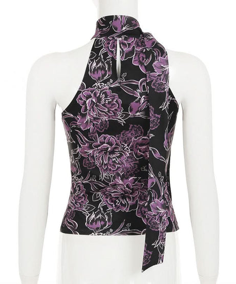 Chic Purple Floral Halter Top | Tie-Neck Blouse for Effortless Fall Style
