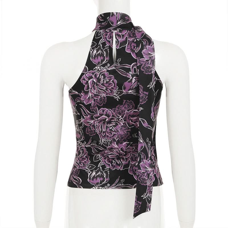 Chic Purple Floral Halter Top | Tie-Neck Blouse for Effortless Fall Style