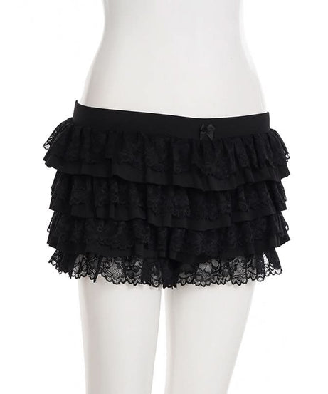Black Tiered Ruffle Mini Skort with Lace & Bow | Flirty Coquette Shorts for Fall Fashion & Halloween